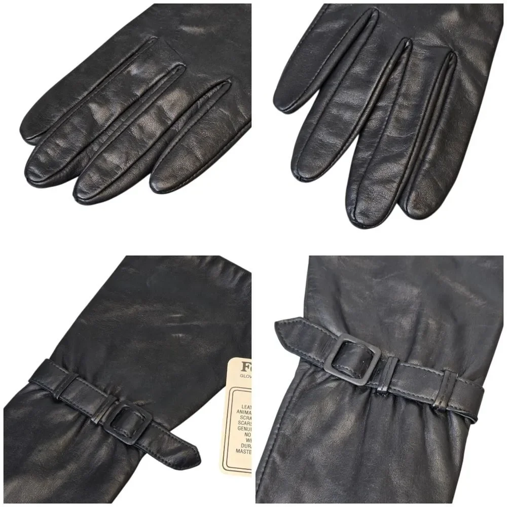 NWT Vintage Fownes Women's Size 7 Buckle Strap Long Black Genuine Leather Gloves